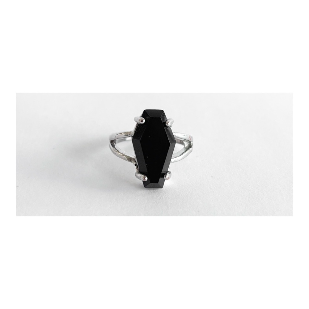 Silver Black Jeweled Coffin Ring // Size 7-7.5